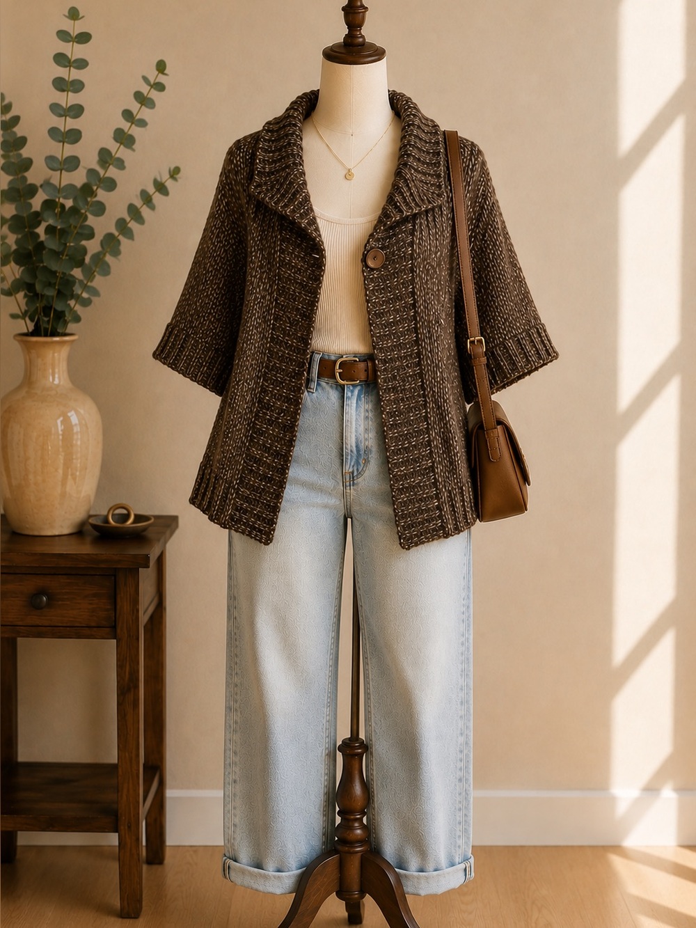 Brown Marled Chunky Knit Shawl Collar Cardigan Sweater Jacket Cozy Cottagecore M